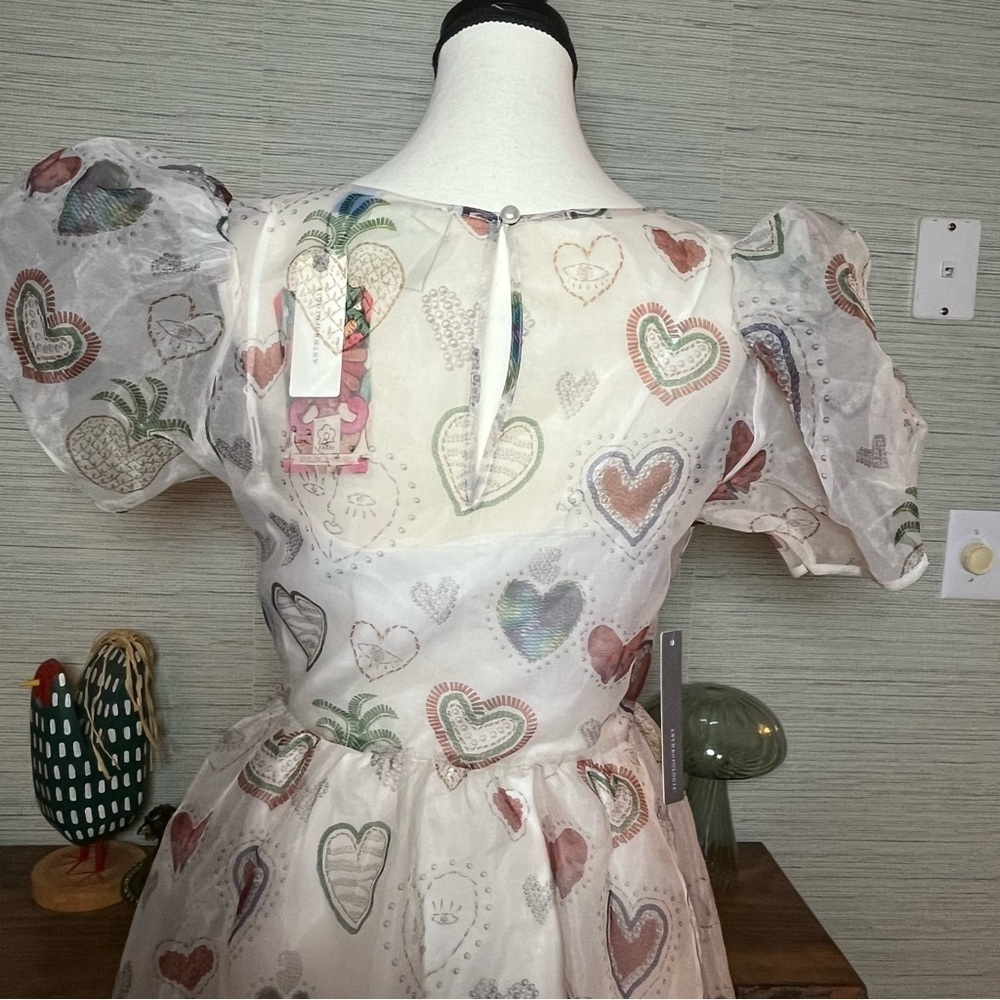 Farm Rio X Anthropologie Semi Sheer Puff Sleeve Mini Dress NWT Size XS Hearts - Picture 6 of 9